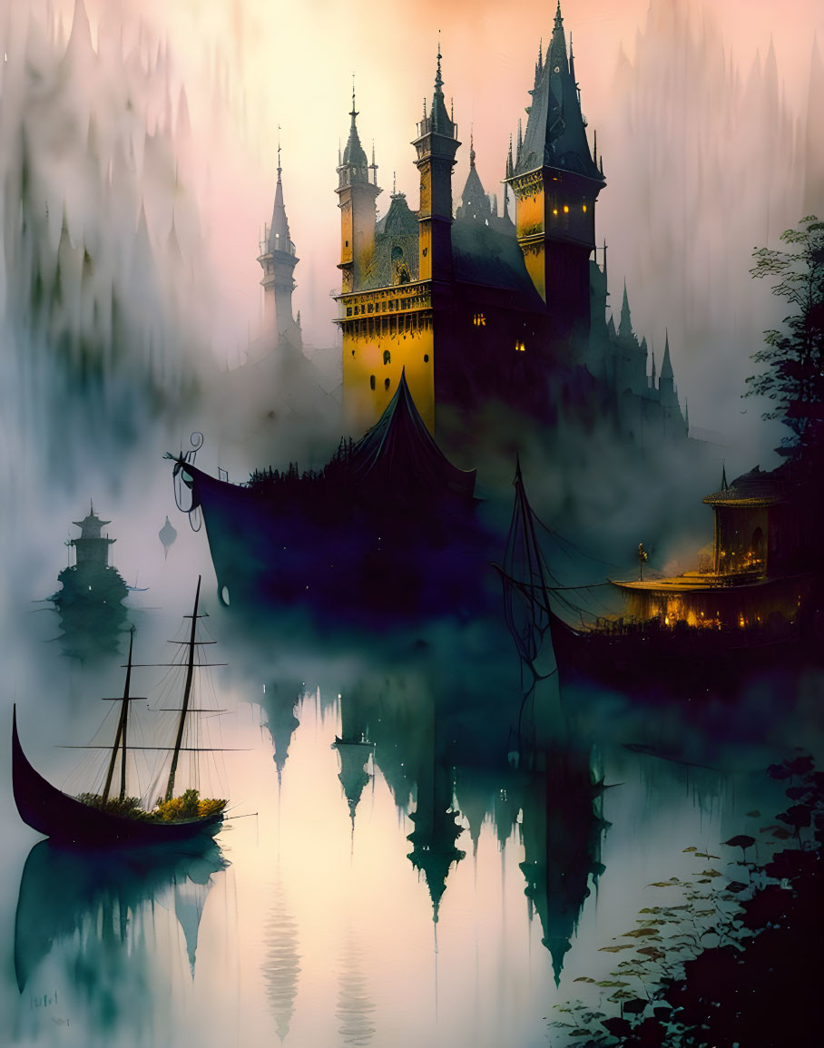 Ethereal fantasy castle with illuminated spires reflected on tranquil waters