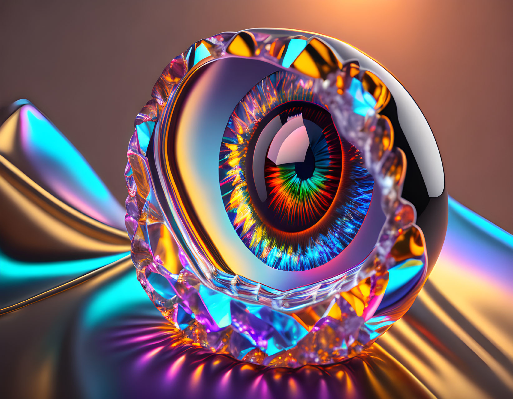 Colorful digital artwork: Stylized eye in crystal structure on metallic background