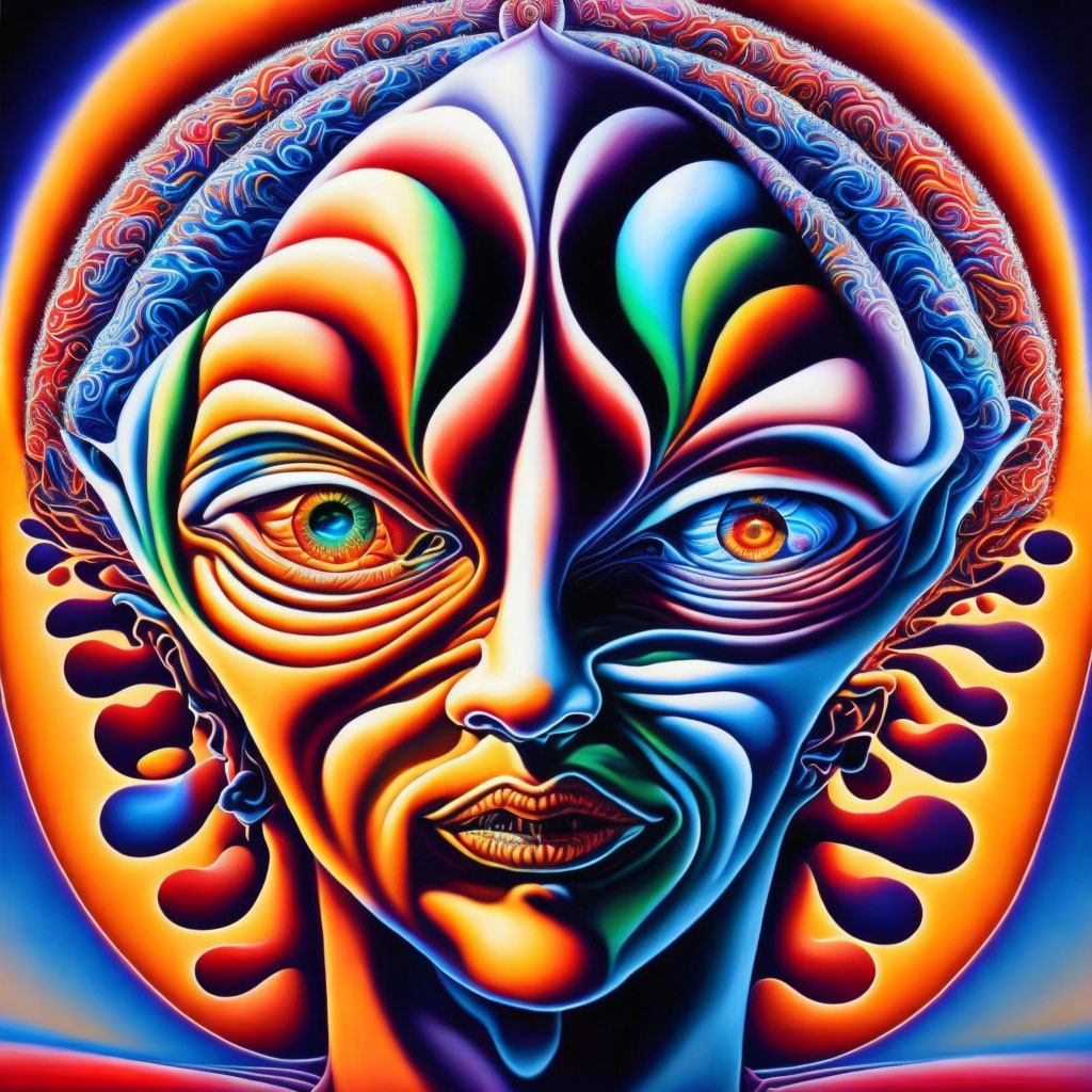 Colorful Psychedelic Portrait with Multiple Eyes and Lips on Intricate Background