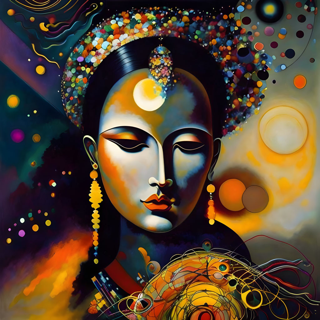 Abstract painting: Serene face with cosmic swirls