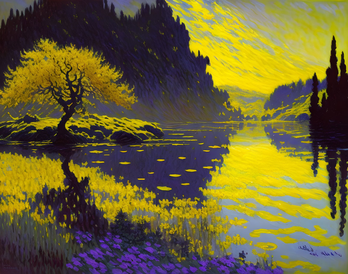 Vivid painting of luminous yellow tree by reflective lake