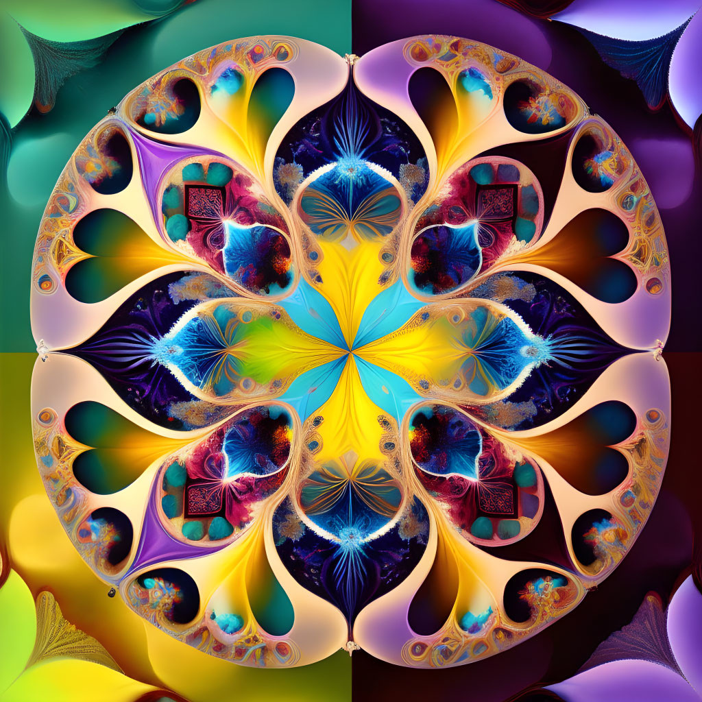 Colorful Symmetrical Fractal Pattern with Swirls, Leaves, and Geometric Shapes