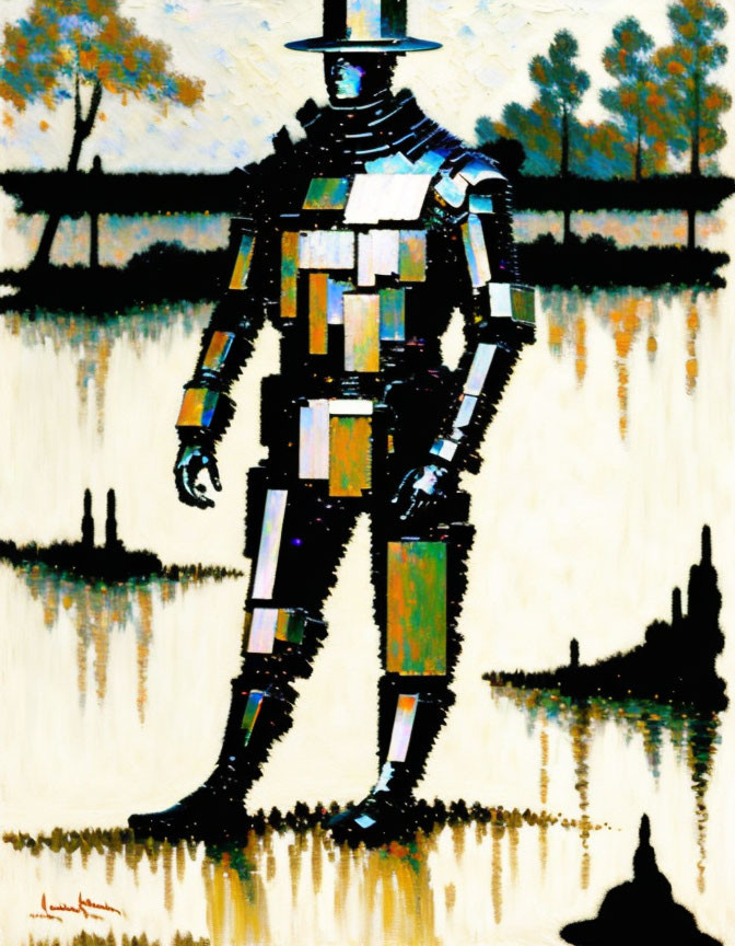 Armored knight in serene landscape with trees and water reflections