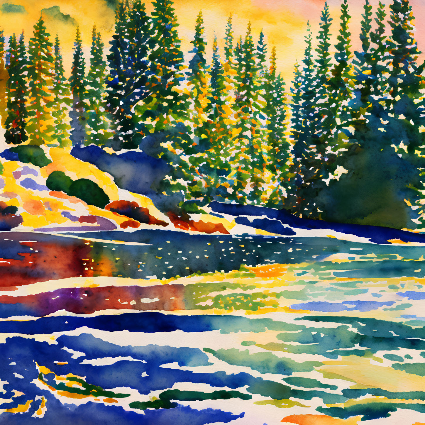 Colorful Watercolor Painting: Forest & Lake Scene