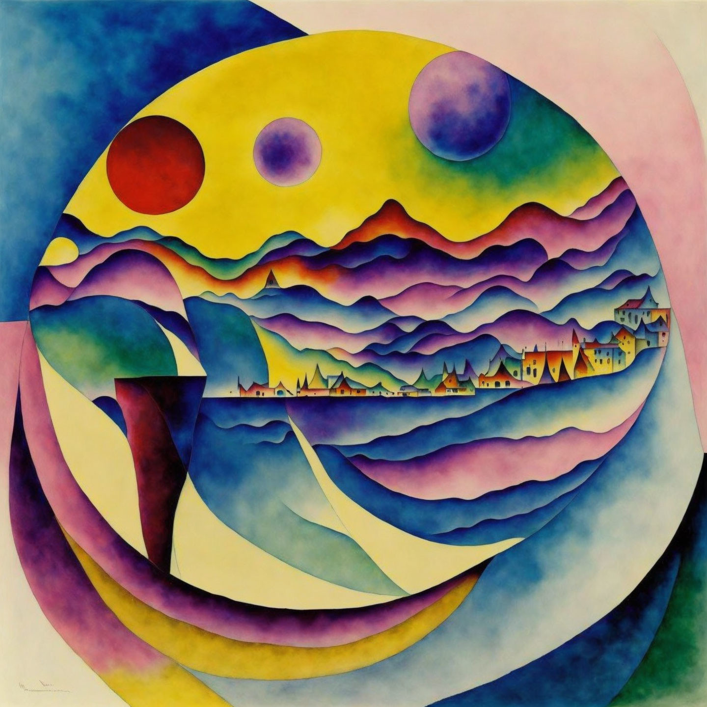 Vibrant abstract painting with layered hills, village, and celestial bodies