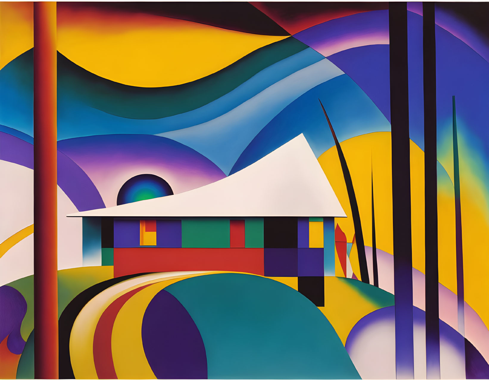 Colorful Abstract Painting of Stylized House and Landscape