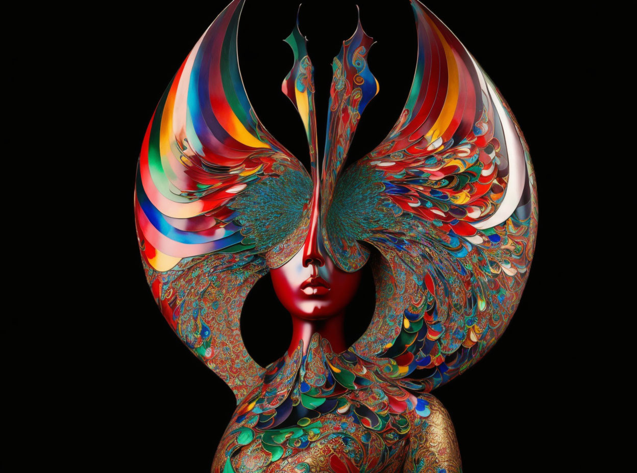 Colorful Psychedelic Digital Artwork of Figure with Peacock-Inspired Design