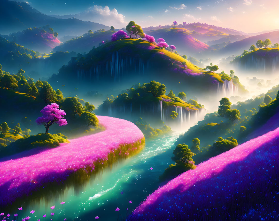 Colorful digital artwork of magical landscape with waterfalls, river, and radiant sky