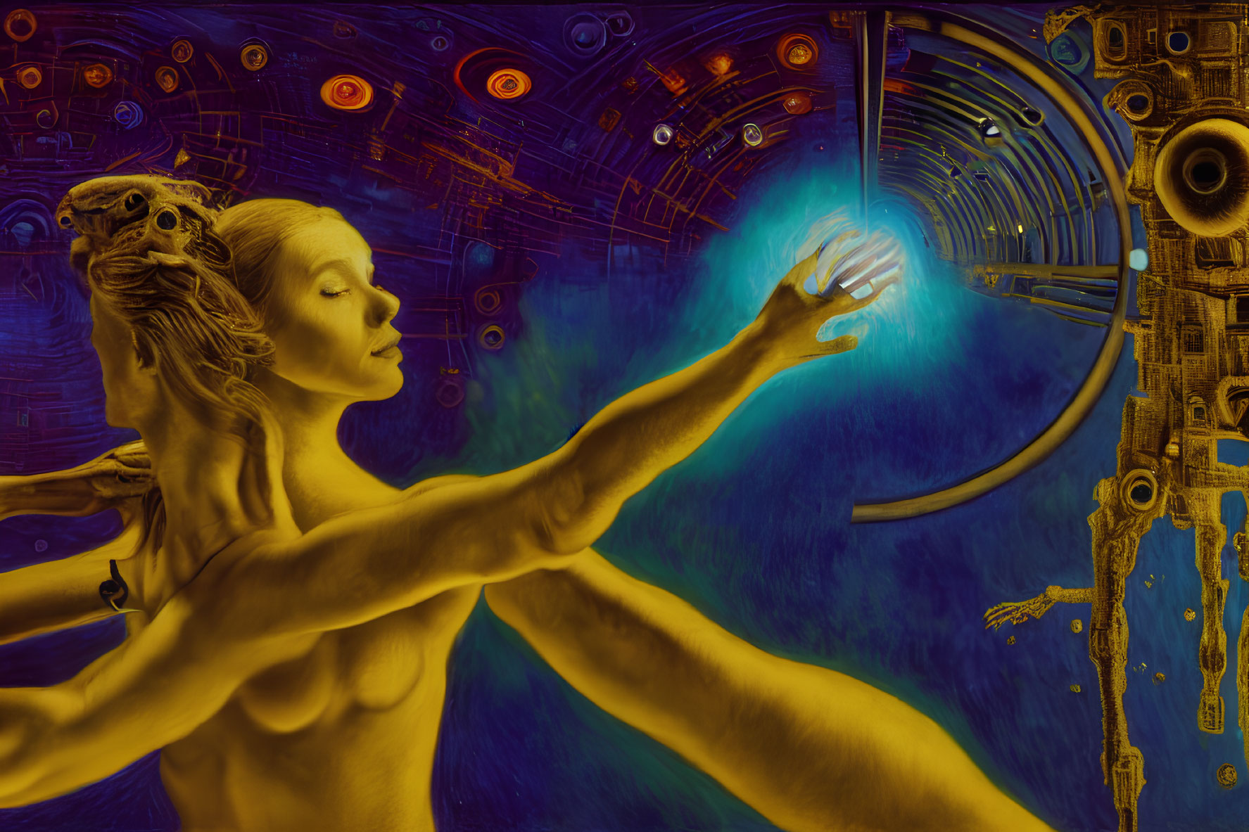 Surreal human figure reaching for luminous sphere in blue and gold palette