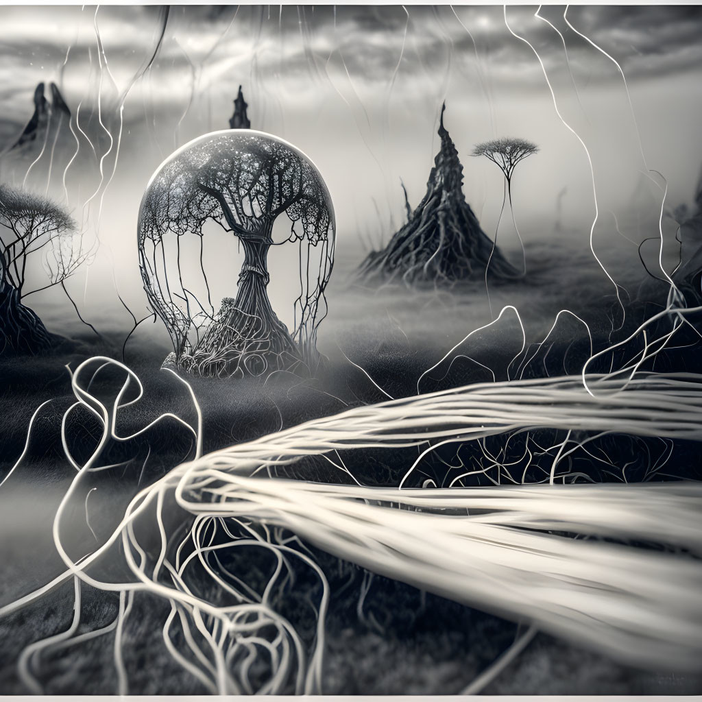 Monochromatic fantasy landscape with glowing orb, surreal tree, and ethereal structures