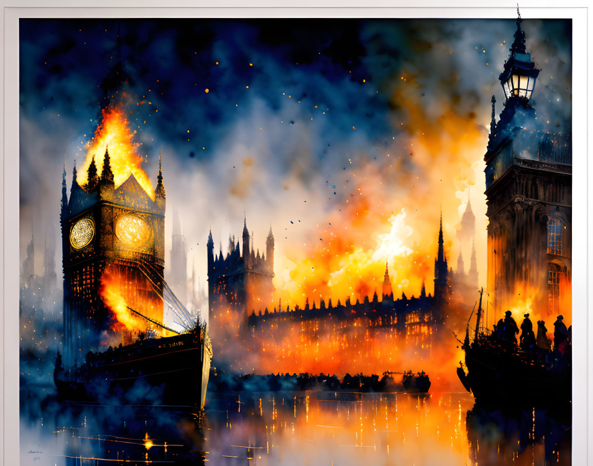 Illustration: Big Ben and Houses of Parliament in flames by River Thames at night