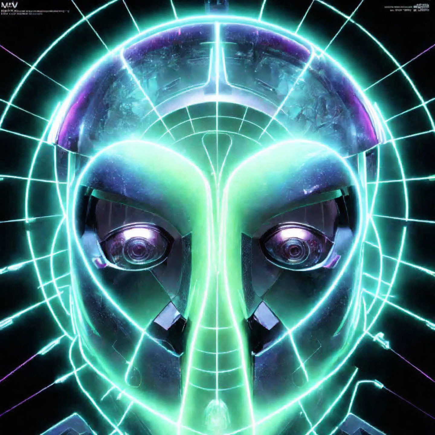 Futuristic neon-lit concept art of robotic face