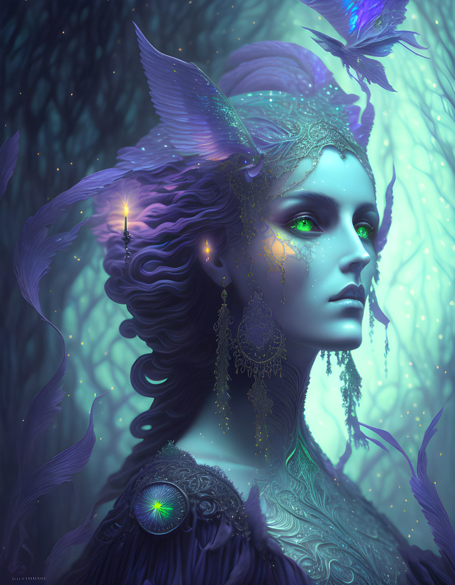 Ethereal female figure with green skin and gold adornments surrounded by purple hues and glowing butterflies.