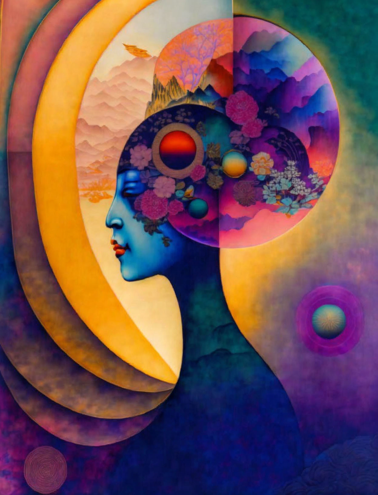 Colorful surreal portrait with circular patterns blending into landscape.