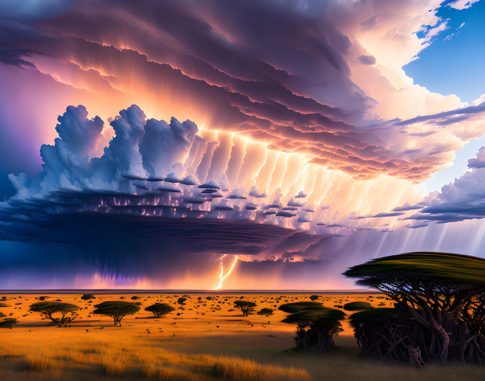 Dramatic thunderstorm with lightning over savannah landscape at sunset