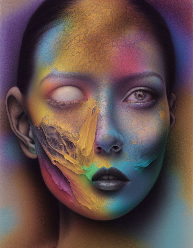 Vibrant portrait of a woman's face with melting colors