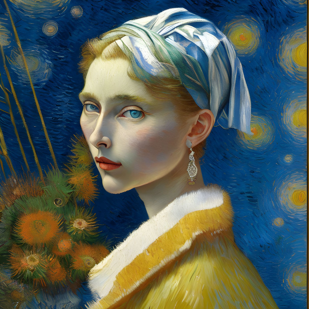 Woman with Headscarf in Starry Night Background, Swirling Blues and Yellows