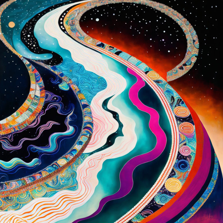 Abstract painting: Vibrant wavy patterns merge with cosmic elements in celestial form on starry backdrop