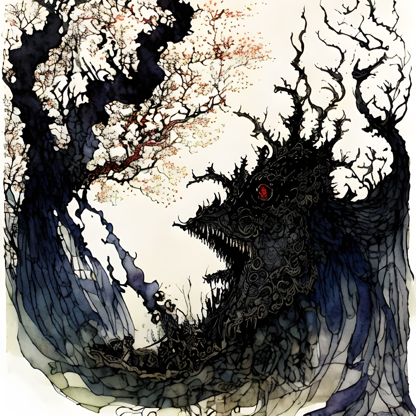 Fantastical creature with red eye in ink-wash style surrounded by trees and blossoms