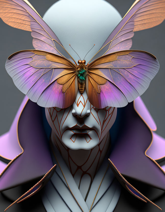 Colorful humanoid figure with butterfly head on grey background