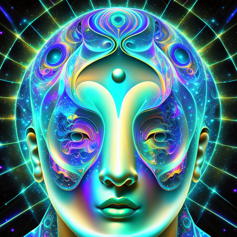 Symmetrical neon-lit humanoid face with cosmic patterns