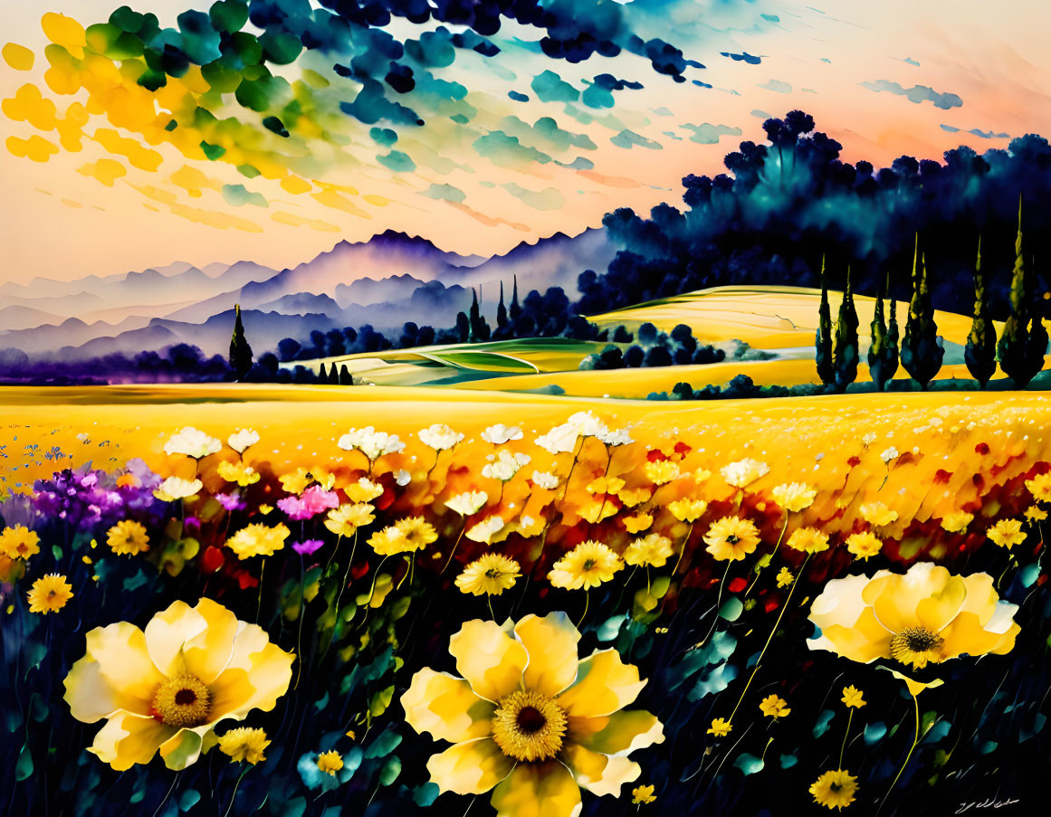 Colorful Flower Field Painting with Rolling Hills and Dramatic Sky