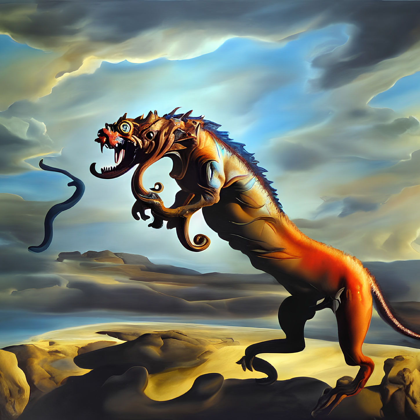 Orange creature with multiple eyes in rocky landscape under stormy sky