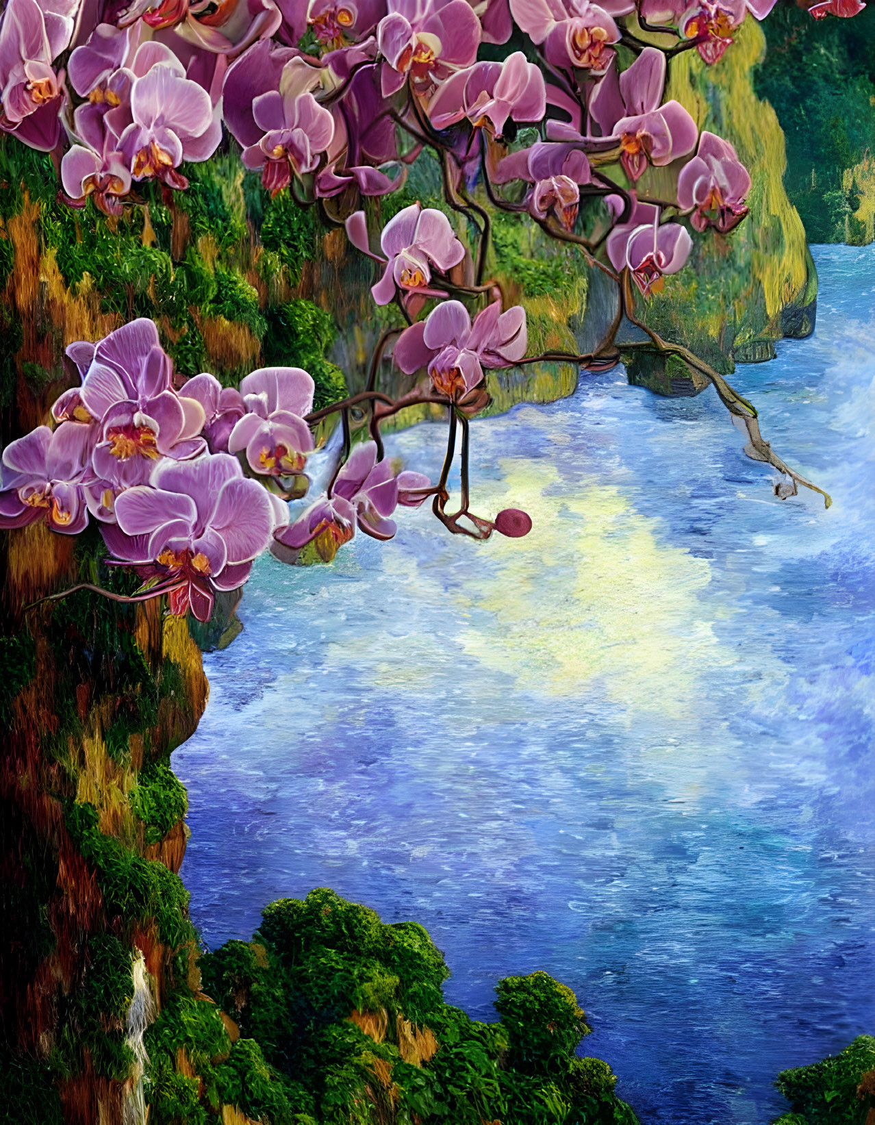 Pink Orchids Blooming Over Serene Water Body