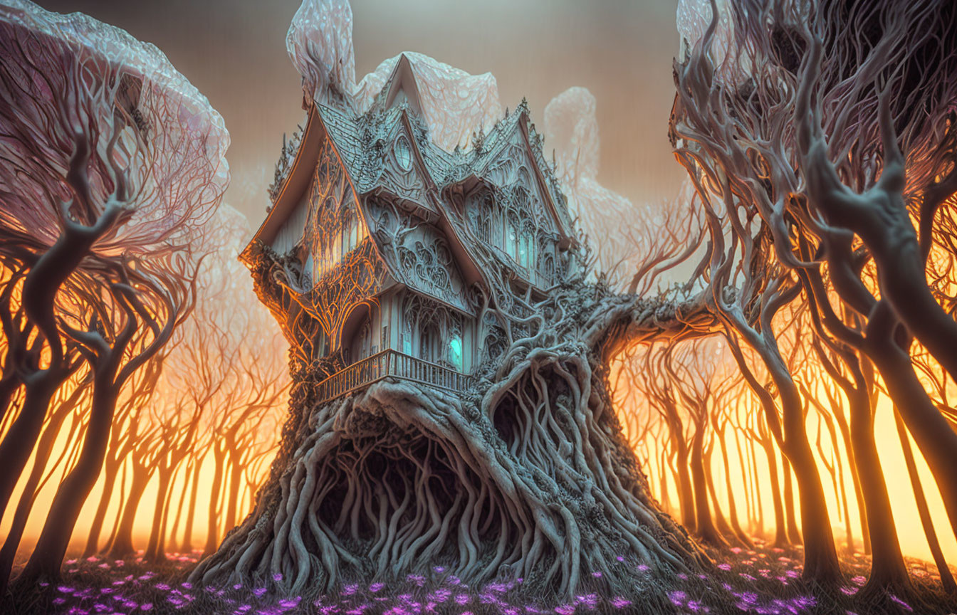 Mystical house surrounded by gnarled trees in purple forest under orange sky