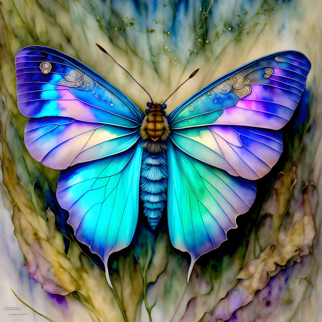 Colorful digital butterfly art with blue and purple wings on pastel backdrop