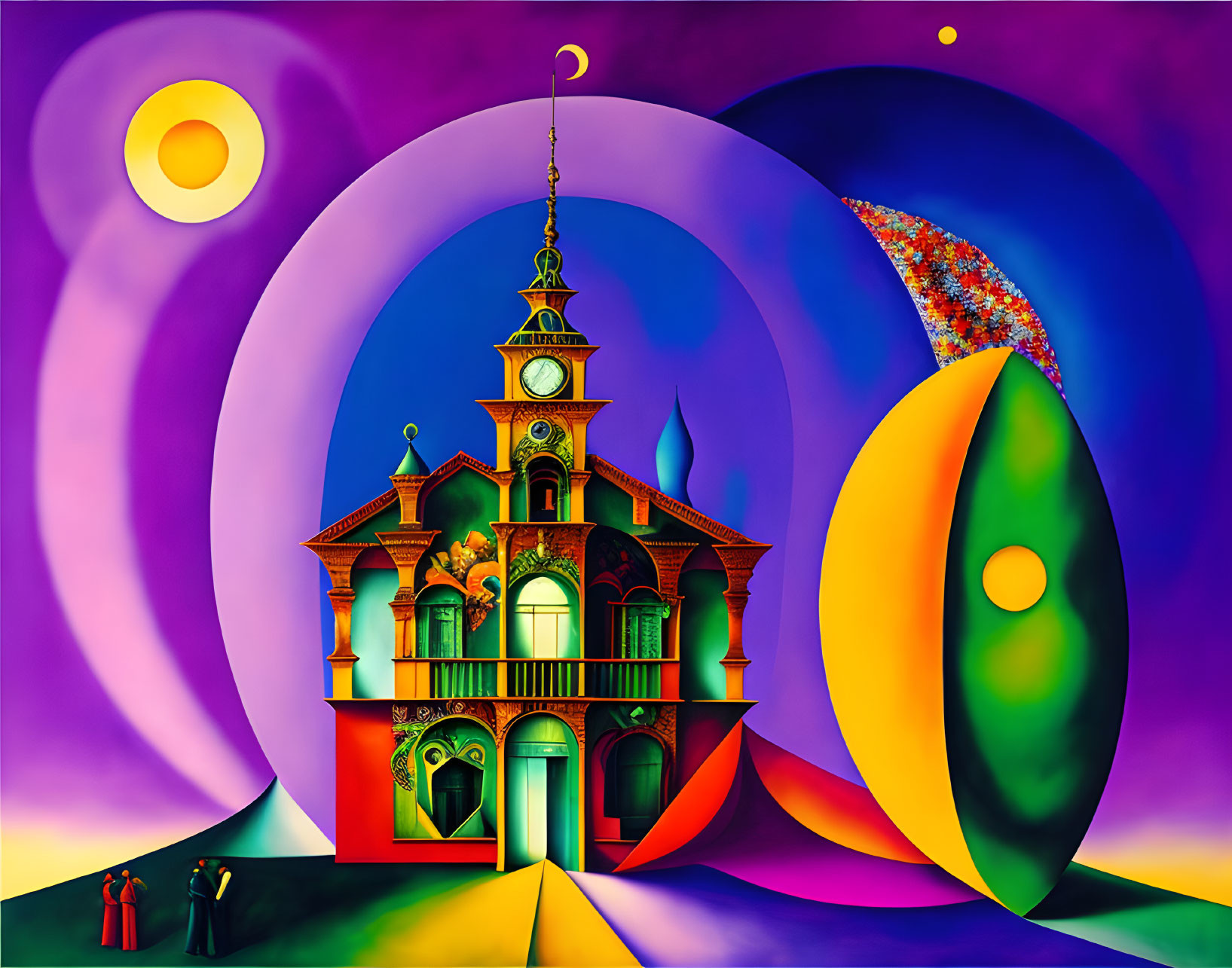 Colorful Surrealist Artwork with Celestial Building and Figures