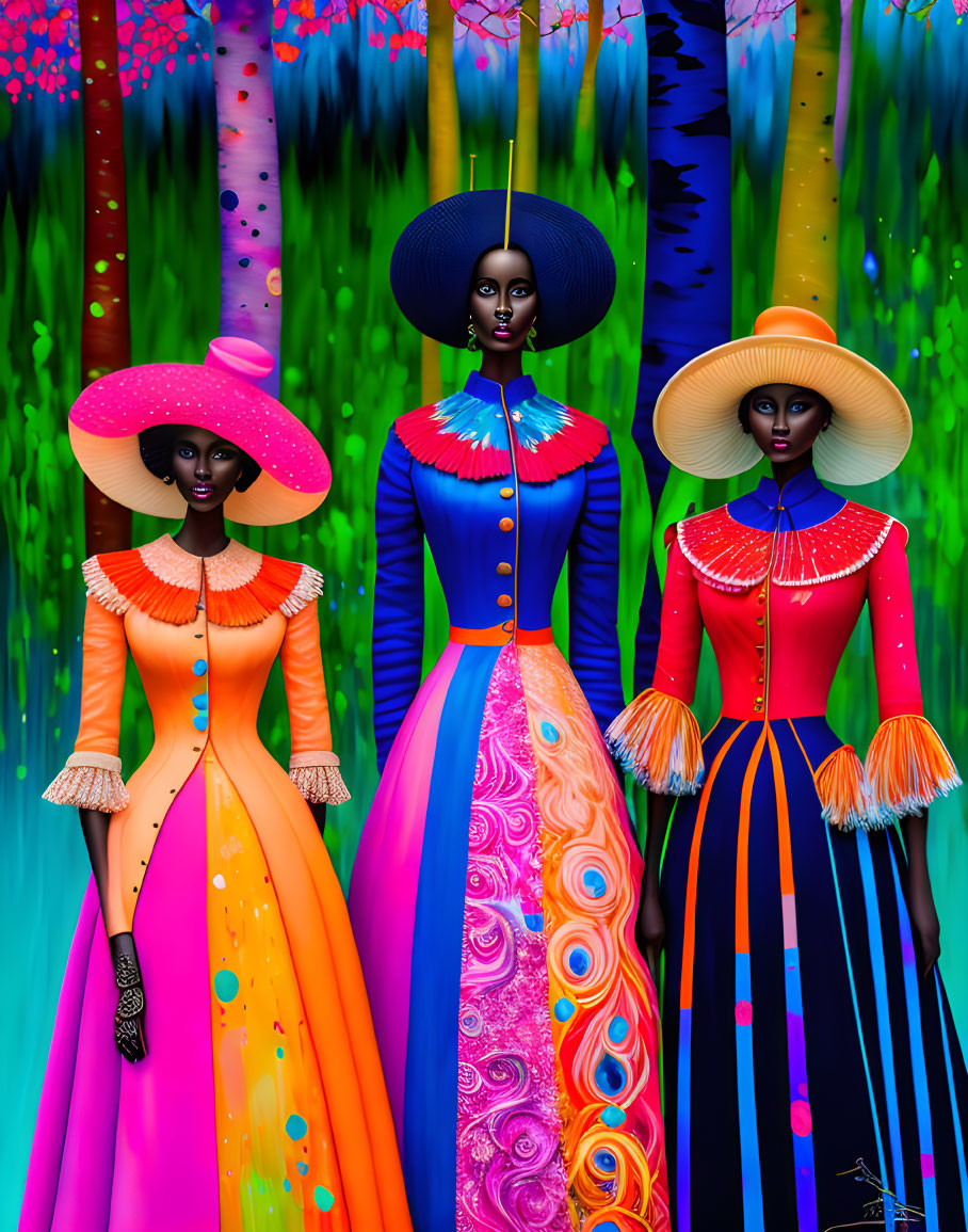 Three women in stylish dresses and wide-brimmed hats against vibrant forest backdrop.