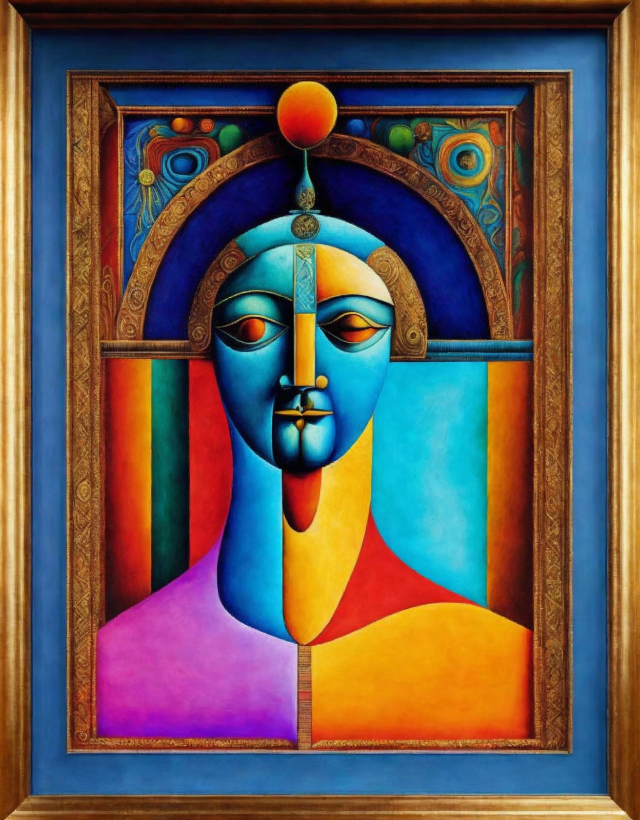 Symmetrical abstract painting of a dual-tone face in blue and gold frame