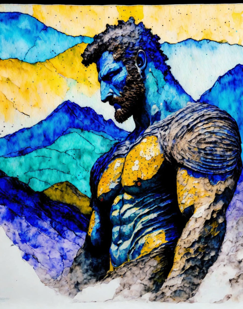 Muscular Figure in Blue and Yellow Watercolor Painting