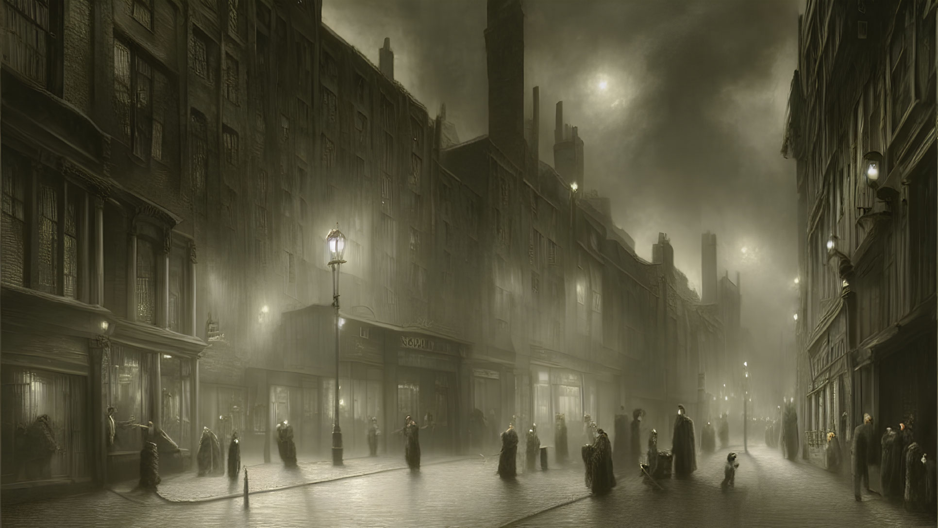 Victorian gaslit street scene at night with moonlight and fog