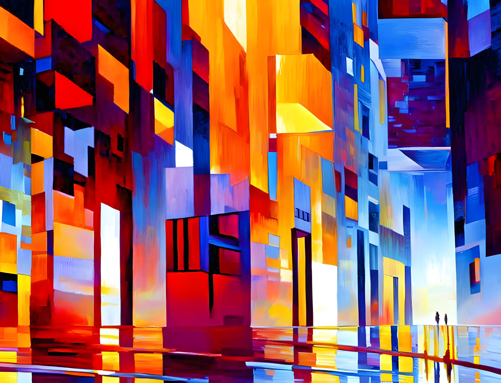 Colorful abstract cityscape with blue and orange tones, geometric shapes, and distant silhouettes.