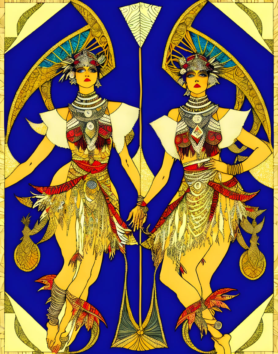 Egyptian-style Twin Figures Adorned in Blue and Gold with Ankh and Fan