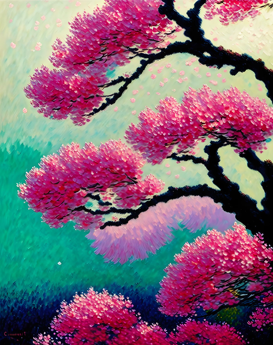 Colorful Cherry Blossom Branch on Teal Background