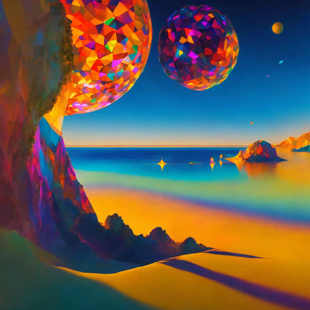 Colorful surreal landscape with geometric spheres and sunset sky