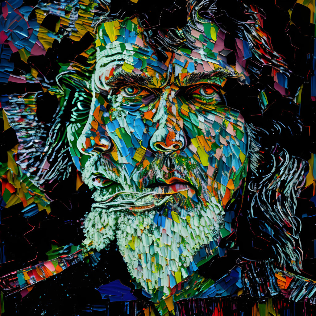 Colorful Abstract Portrait of Bearded Man's Intense Gaze