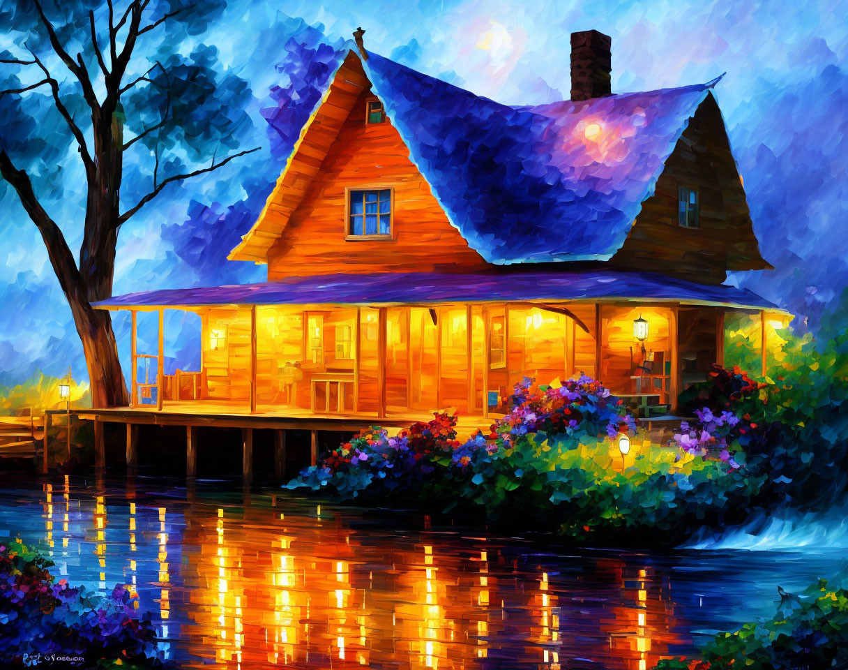 Colorful lakeside cabin painting at dusk with flowers and water reflections