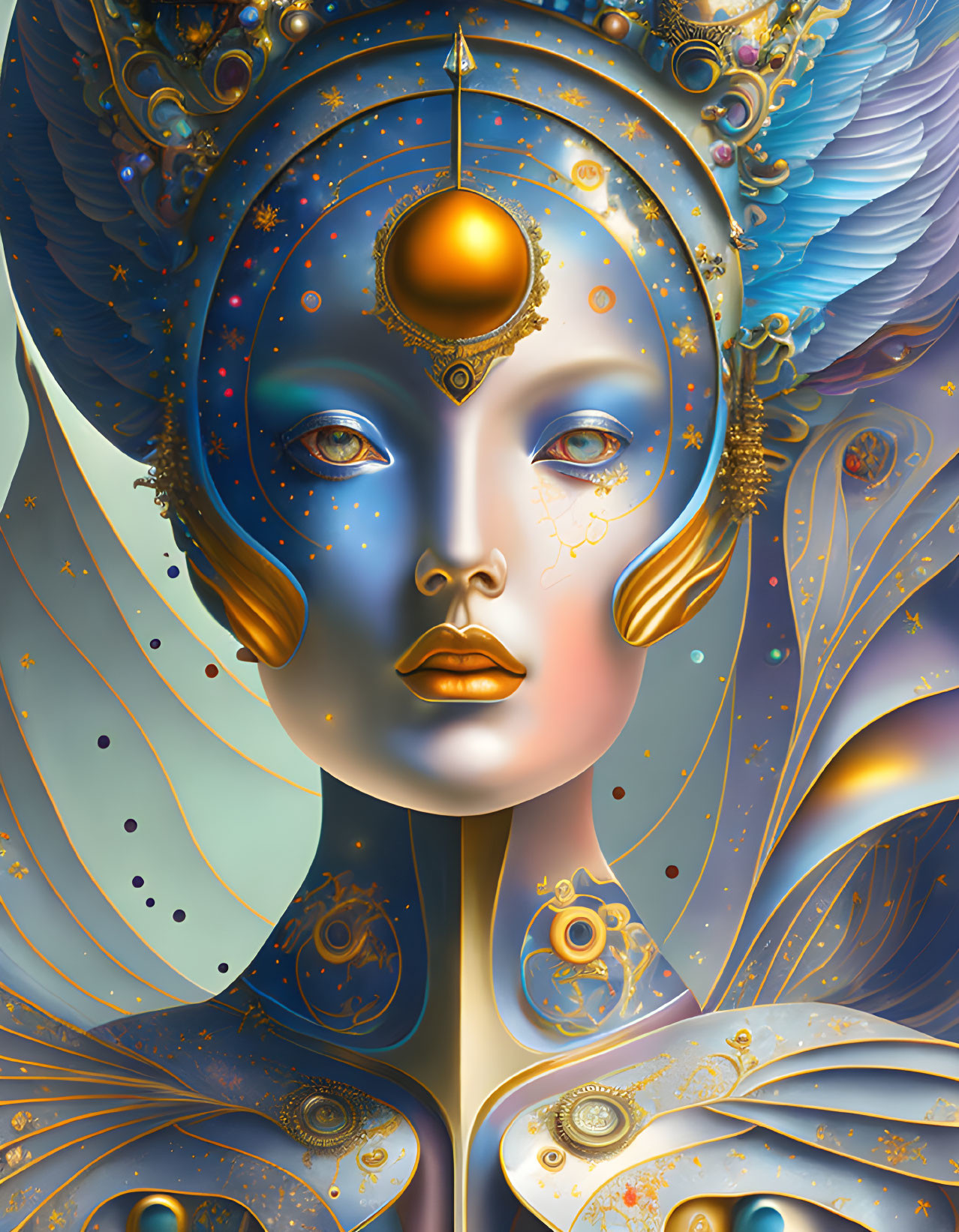 Blue-skinned feminine figure with gold jewelry and feather-like adornments.