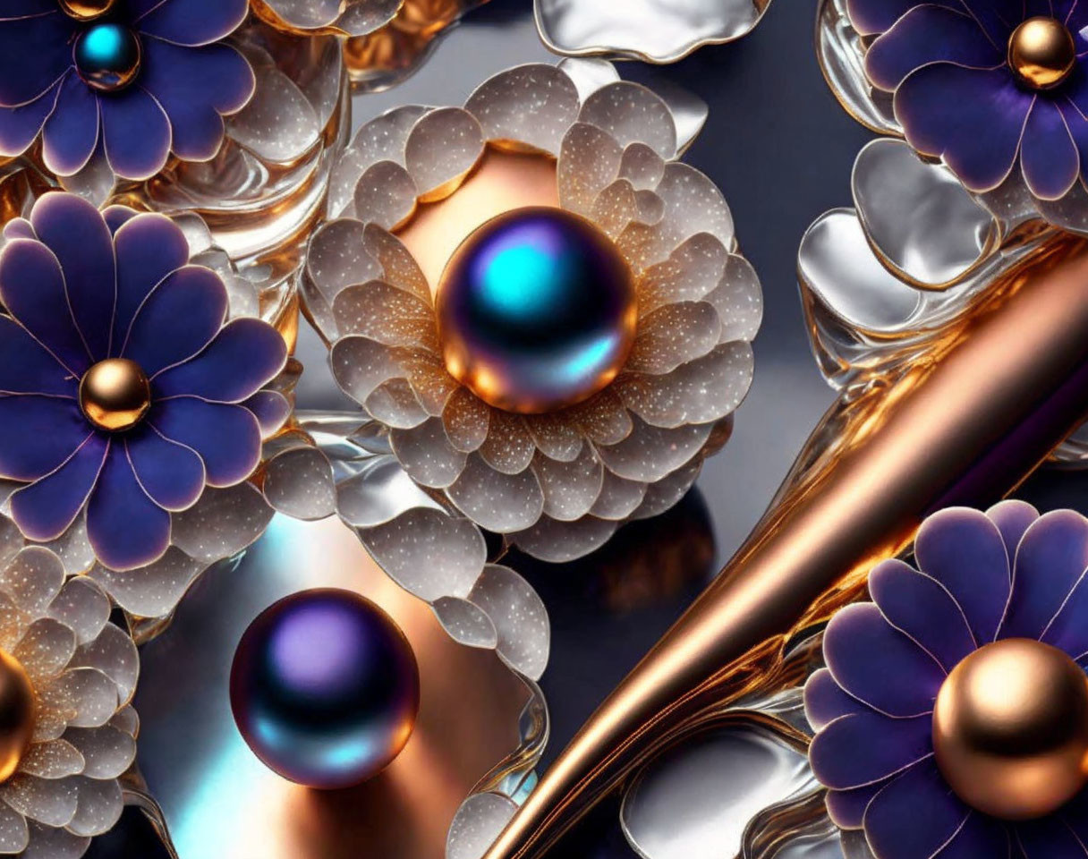 Metallic Blue and Gold Flowers with Iridescent Pearls on Reflective Surface