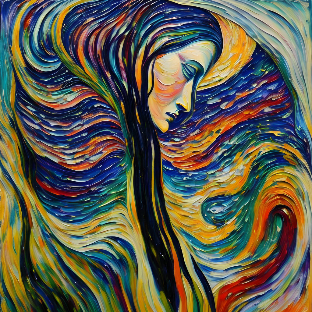 Colorful painting of woman with flowing hair and garments in abstract swirls