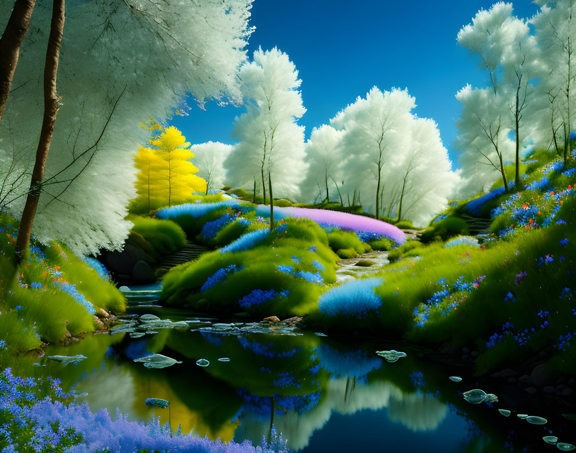 Surreal neon landscape with colorful trees, pond, and flowers