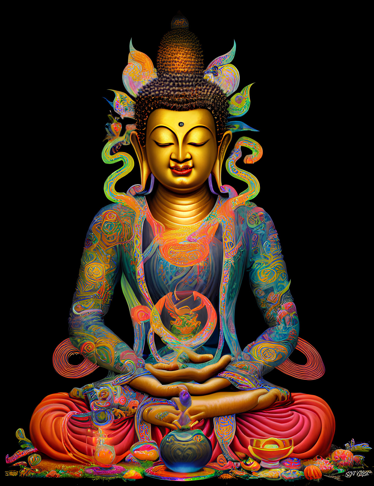 Vibrant digital artwork: Meditating figure with intricate patterns on black background