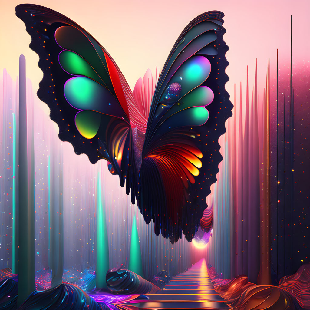 Vibrant butterfly illustration with psychedelic patterns on wings