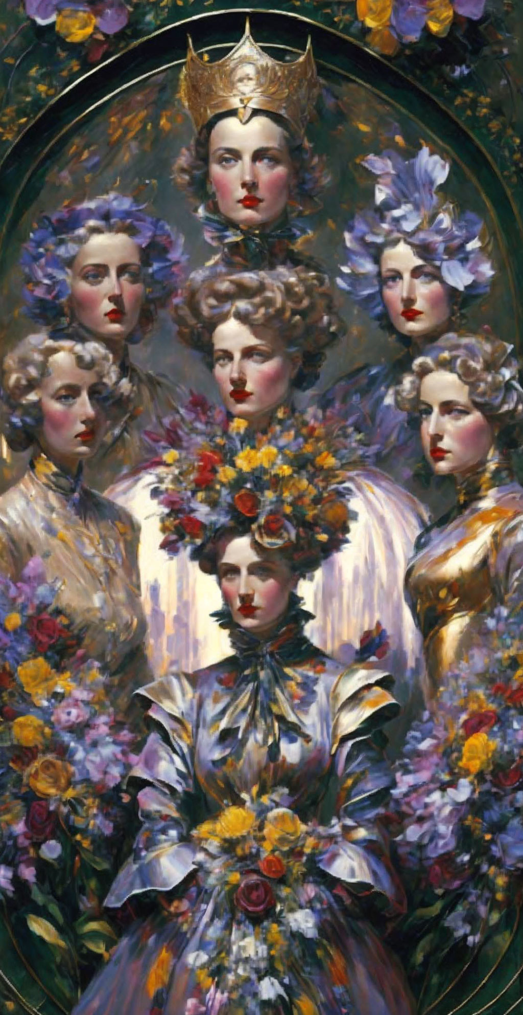 Seven regal women in ornate attire with flower crowns, one central figure with a crown.