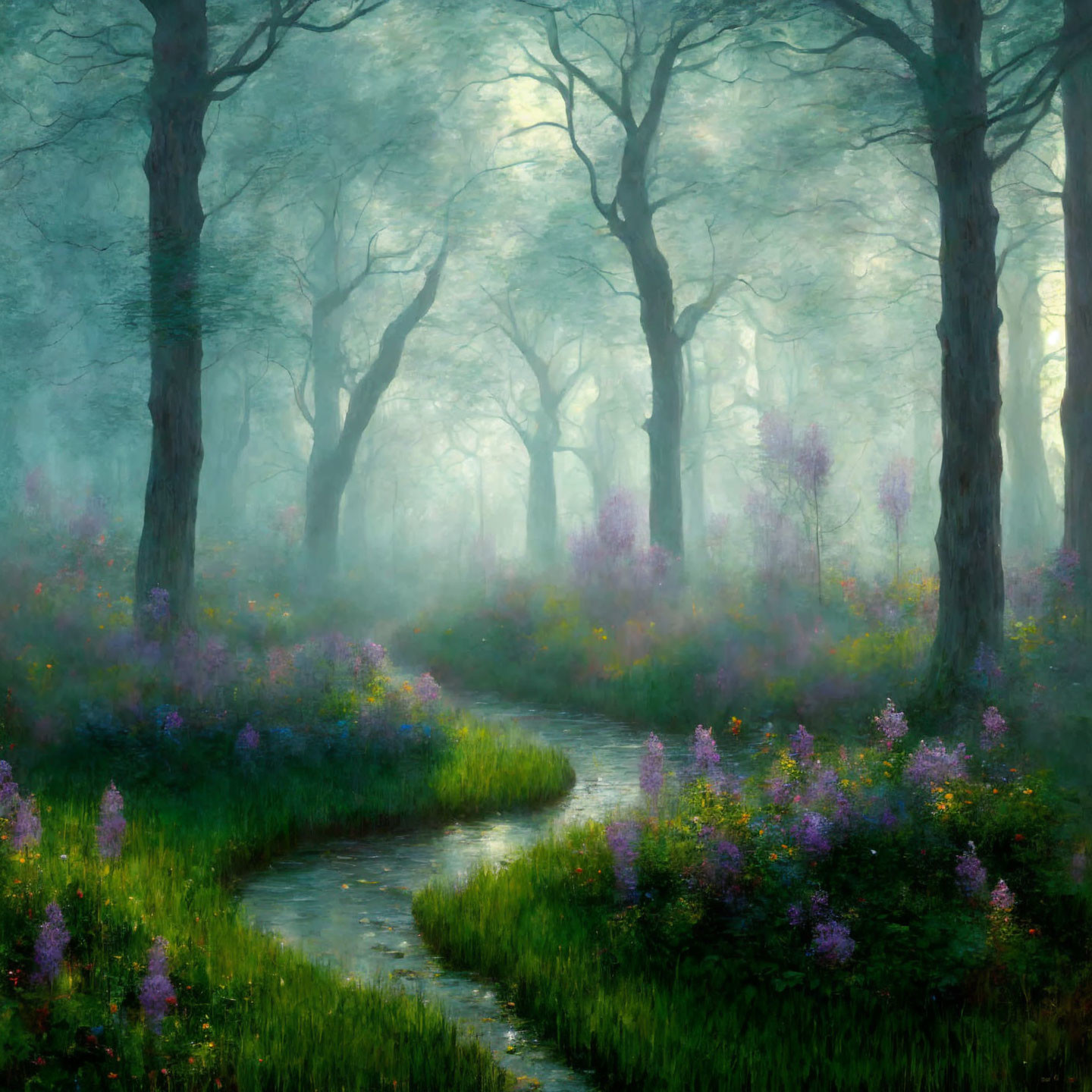 Tranquil forest path with purple wildflowers and sunbeams