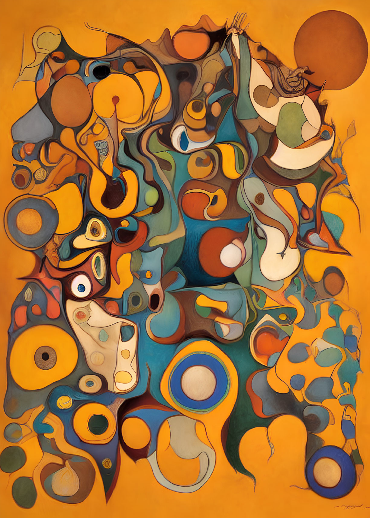 Abstract painting with vibrant yellow, orange, and blue hues and interconnected organic shapes